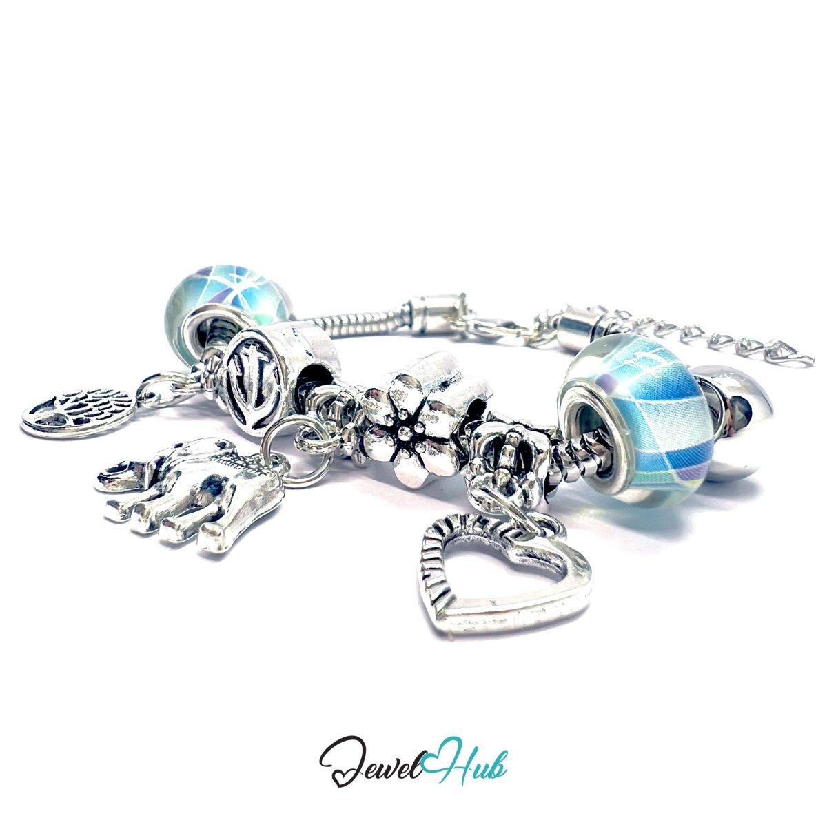 Zinc Alloy Ocean Bead Elephant Tree Heart Charm Bracelet 18–22cm - JewelHub.co.uk