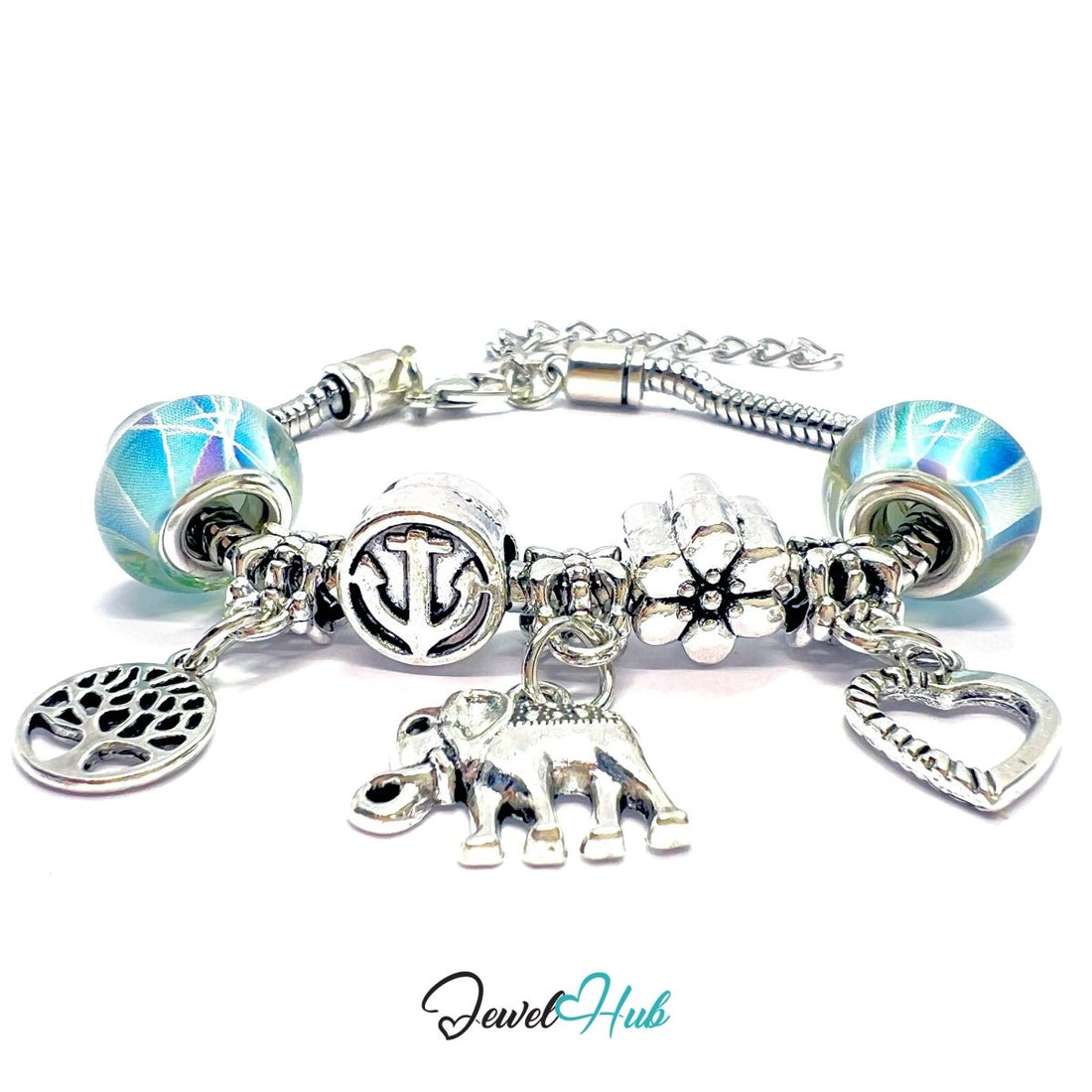Zinc Alloy Ocean Bead Elephant Tree Heart Charm Bracelet 18–22cm - JewelHub.co.uk