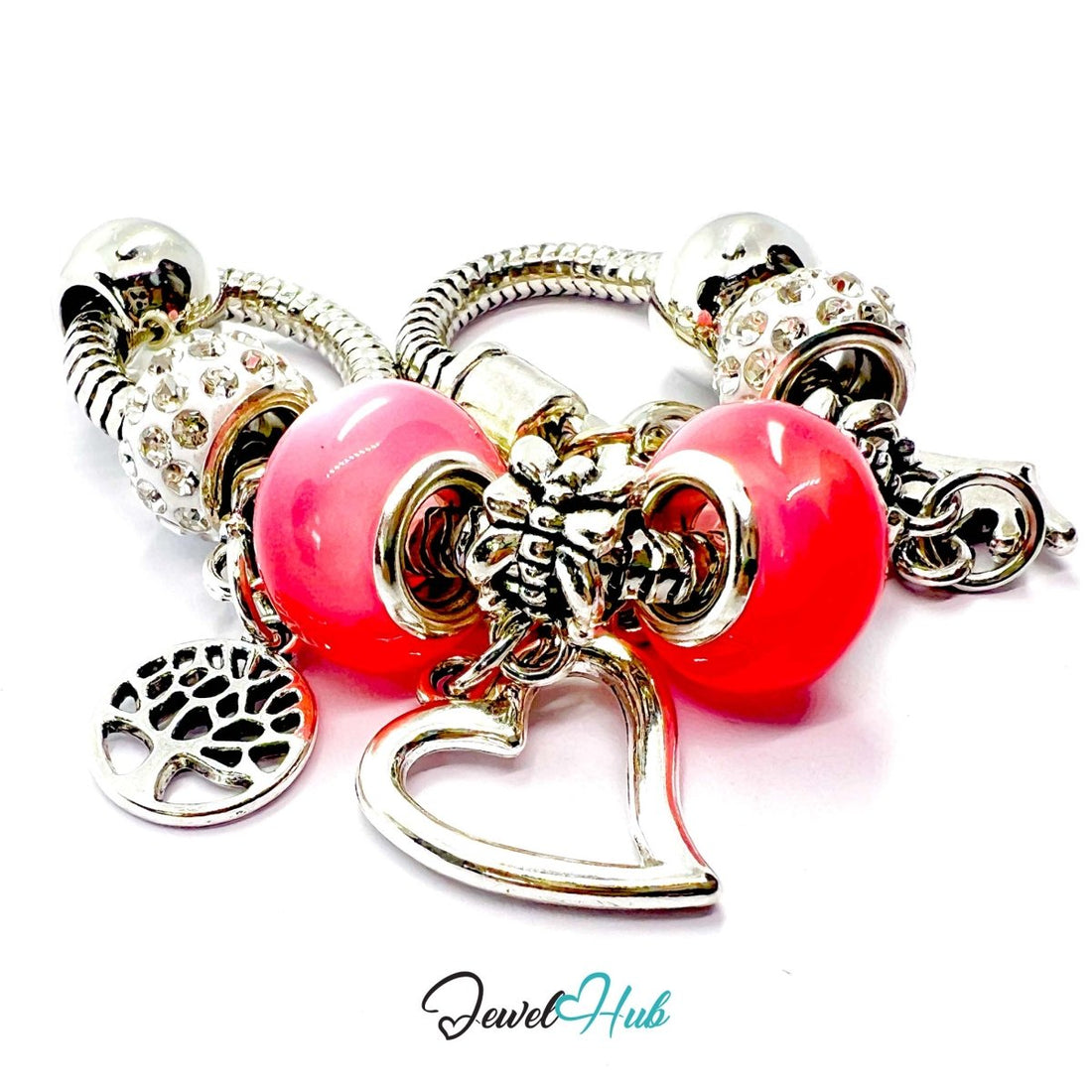 Zinc Alloy Pink Double Bead Heart Crown Charm Bracelet 18–22cm - JewelHub.co.uk