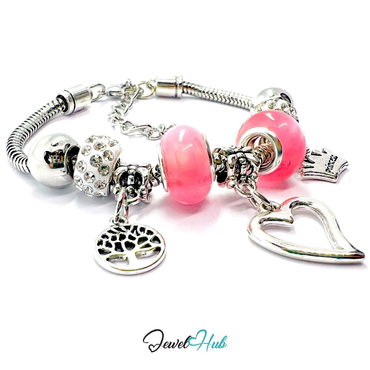 Zinc Alloy Pink Double Bead Heart Crown Charm Bracelet 18–22cm - JewelHub.co.uk