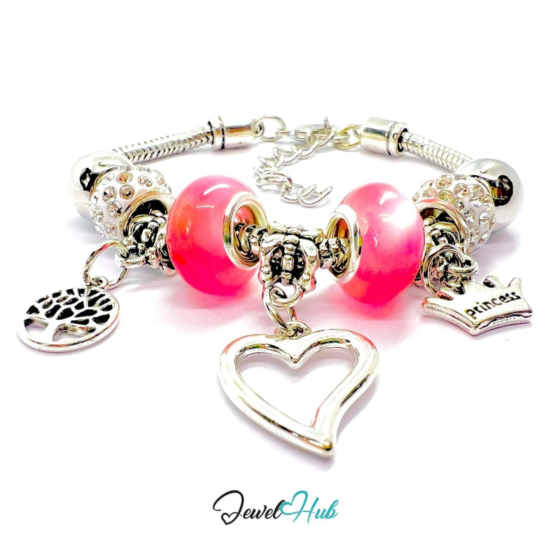Zinc Alloy Pink Double Bead Heart Crown Charm Bracelet 18–22cm - JewelHub.co.uk