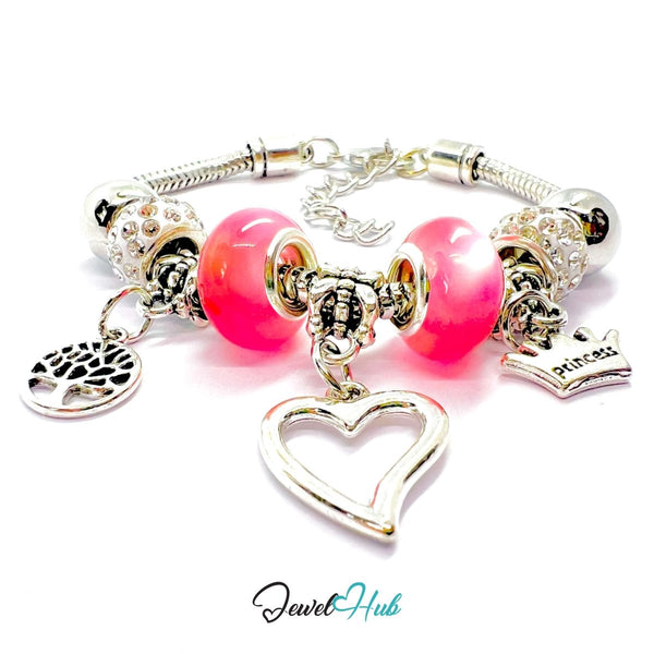 Zinc Alloy Pink Double Bead Heart Crown Charm Bracelet 18–22cm - JewelHub.co.uk