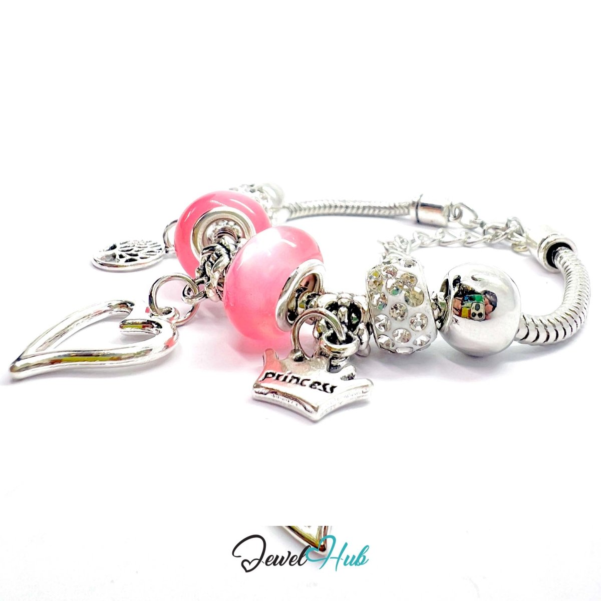 Zinc Alloy Pink Double Bead Heart Crown Charm Bracelet 18–22cm - JewelHub.co.uk