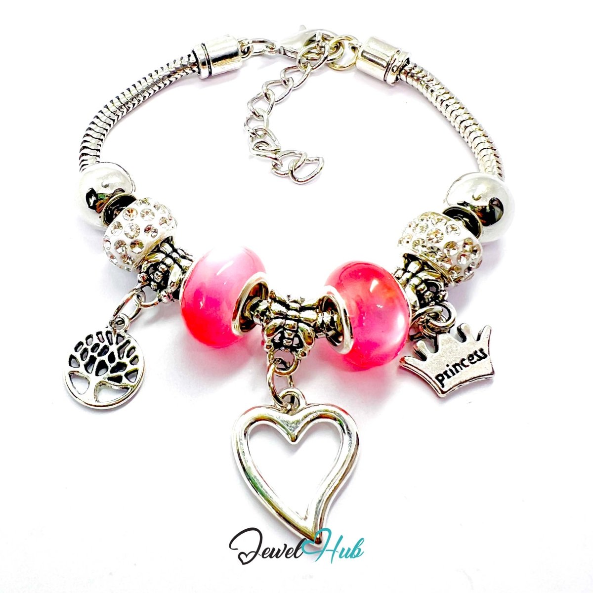 Zinc Alloy Pink Double Bead Heart Crown Charm Bracelet 18–22cm - JewelHub.co.uk