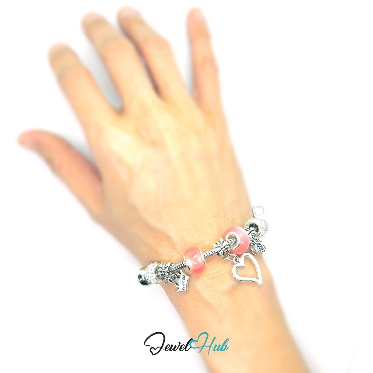 Zinc Alloy Pink Double Bead Heart Crown Charm Bracelet 18–22cm - JewelHub.co.uk