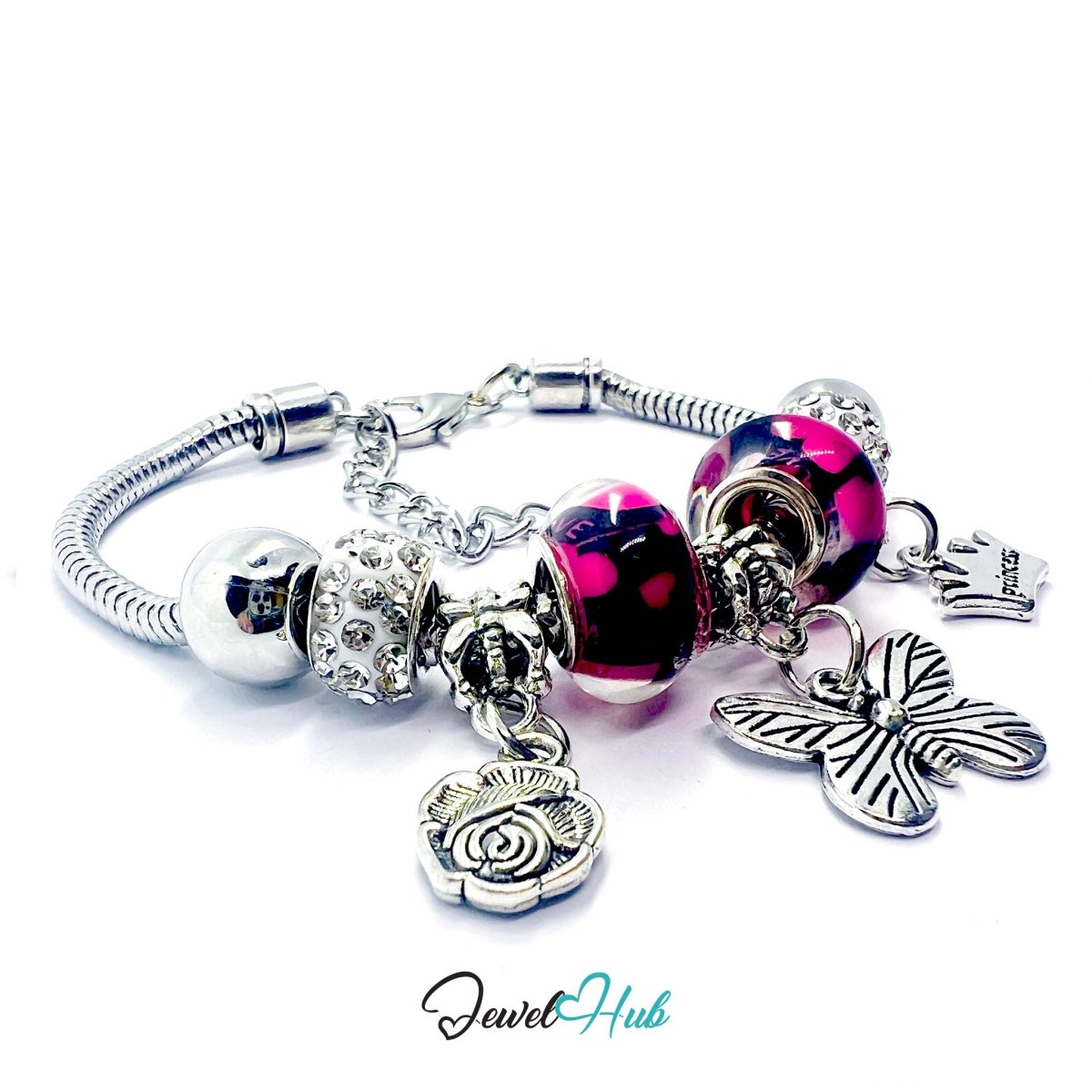 Zinc Alloy Pink Duo Bead Butterfly Rose Crown Charm Bracelet 18 - 22cm - JewelHub.co.uk