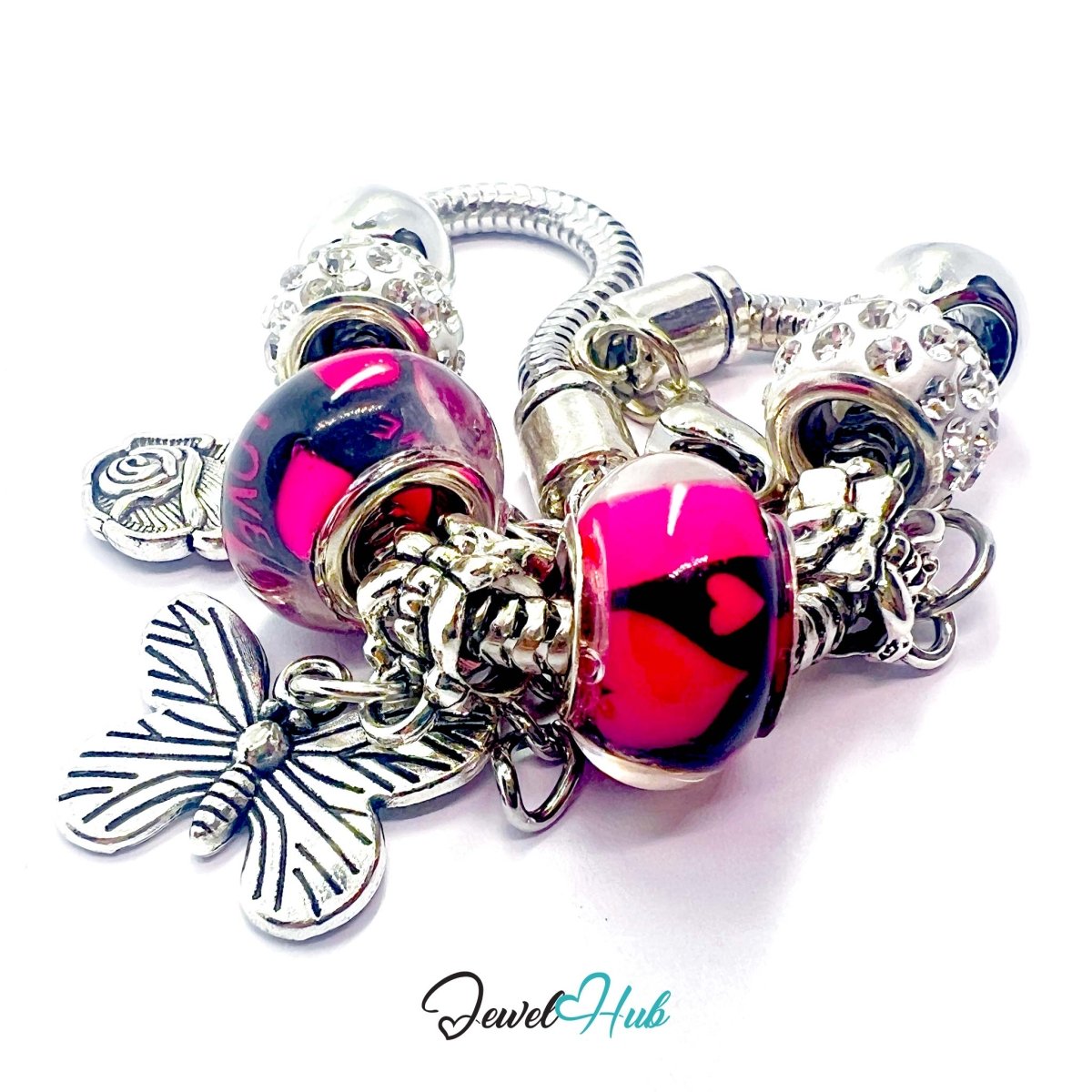 Zinc Alloy Pink Duo Bead Butterfly Rose Crown Charm Bracelet 18 - 22cm - JewelHub.co.uk