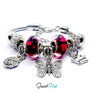 Zinc Alloy Pink Duo Bead Butterfly Rose Crown Charm Bracelet 18 - 22cm - JewelHub.co.uk