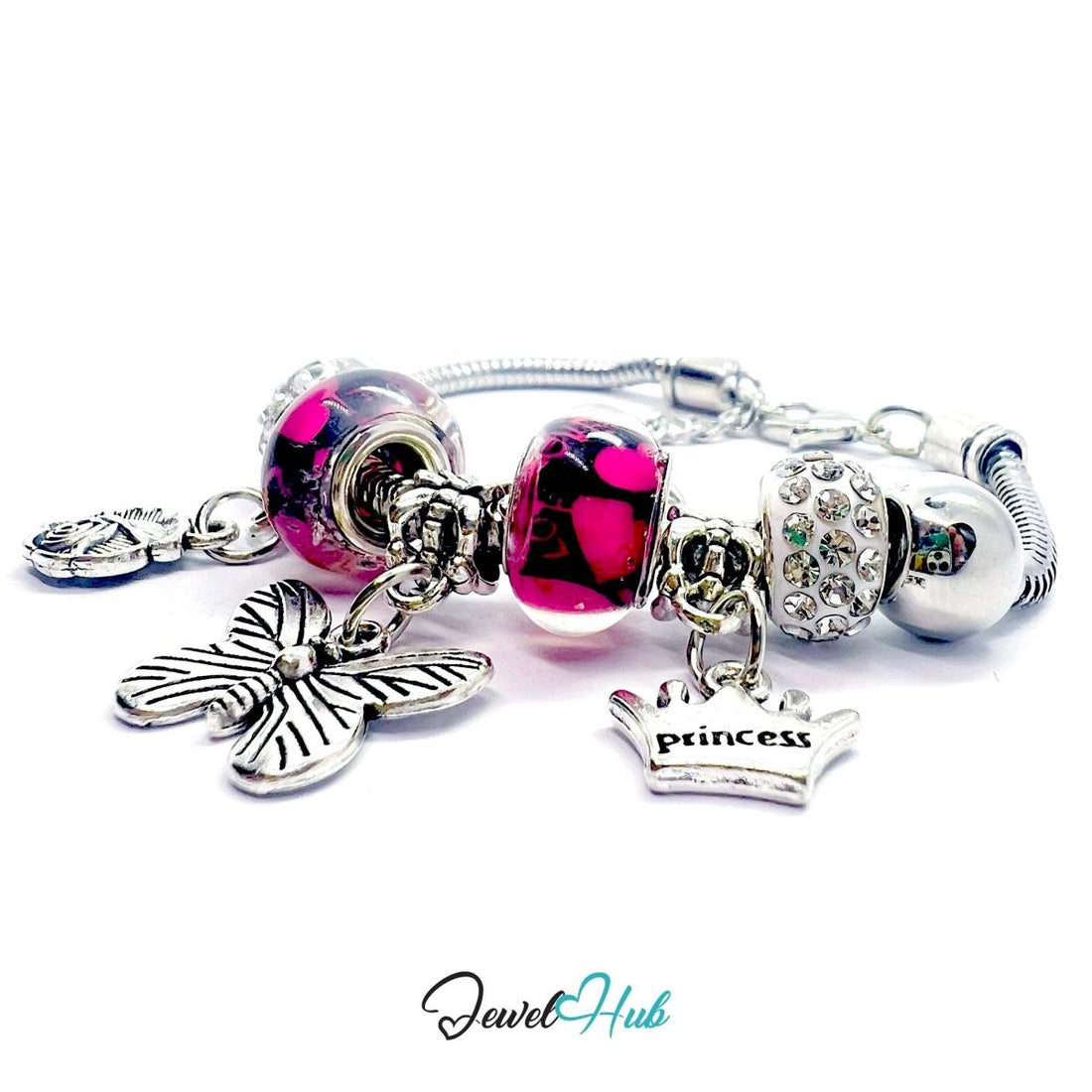 Zinc Alloy Pink Duo Bead Butterfly Rose Crown Charm Bracelet 18 - 22cm - JewelHub.co.uk