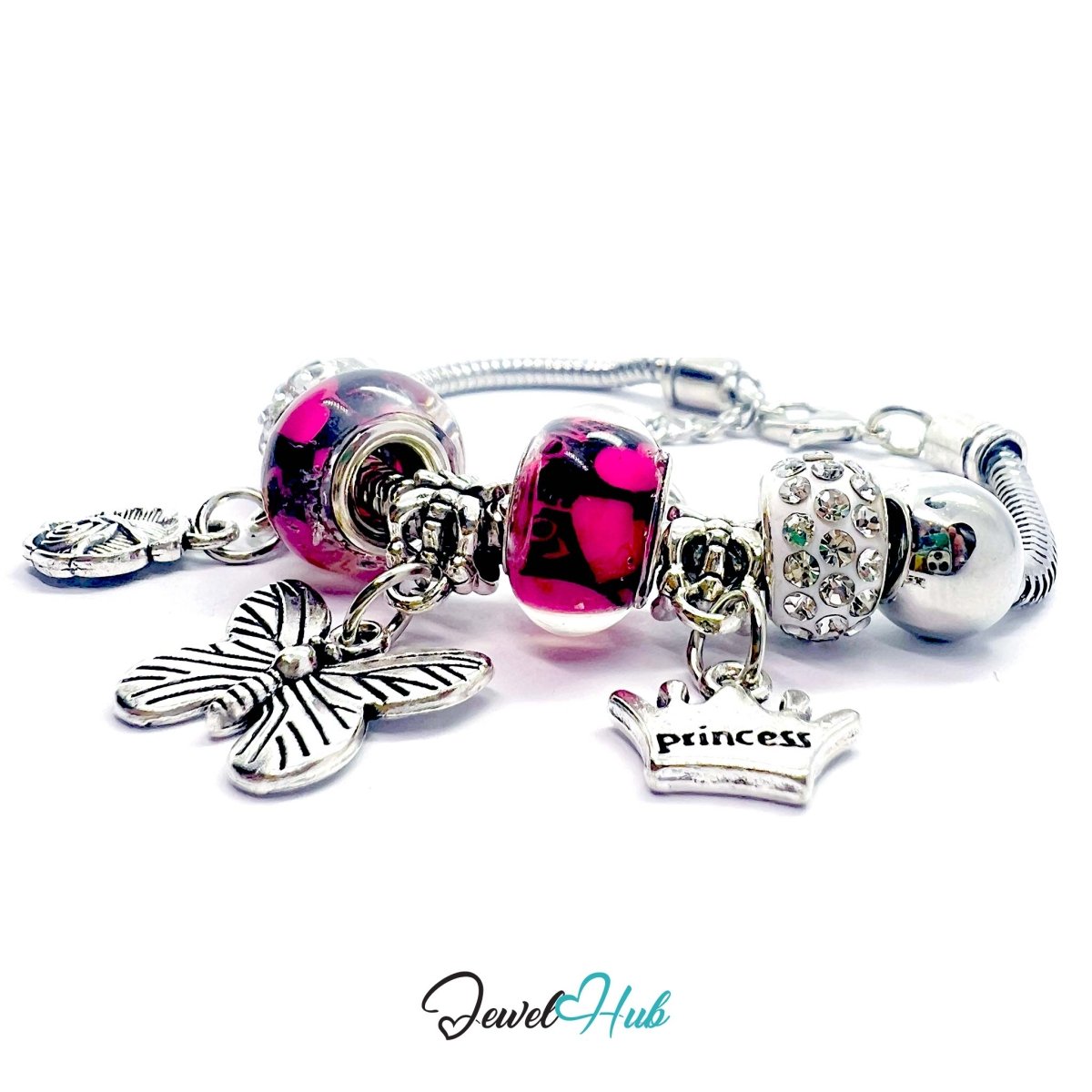 Zinc Alloy Pink Duo Bead Butterfly Rose Crown Charm Bracelet 18 - 22cm - JewelHub.co.uk
