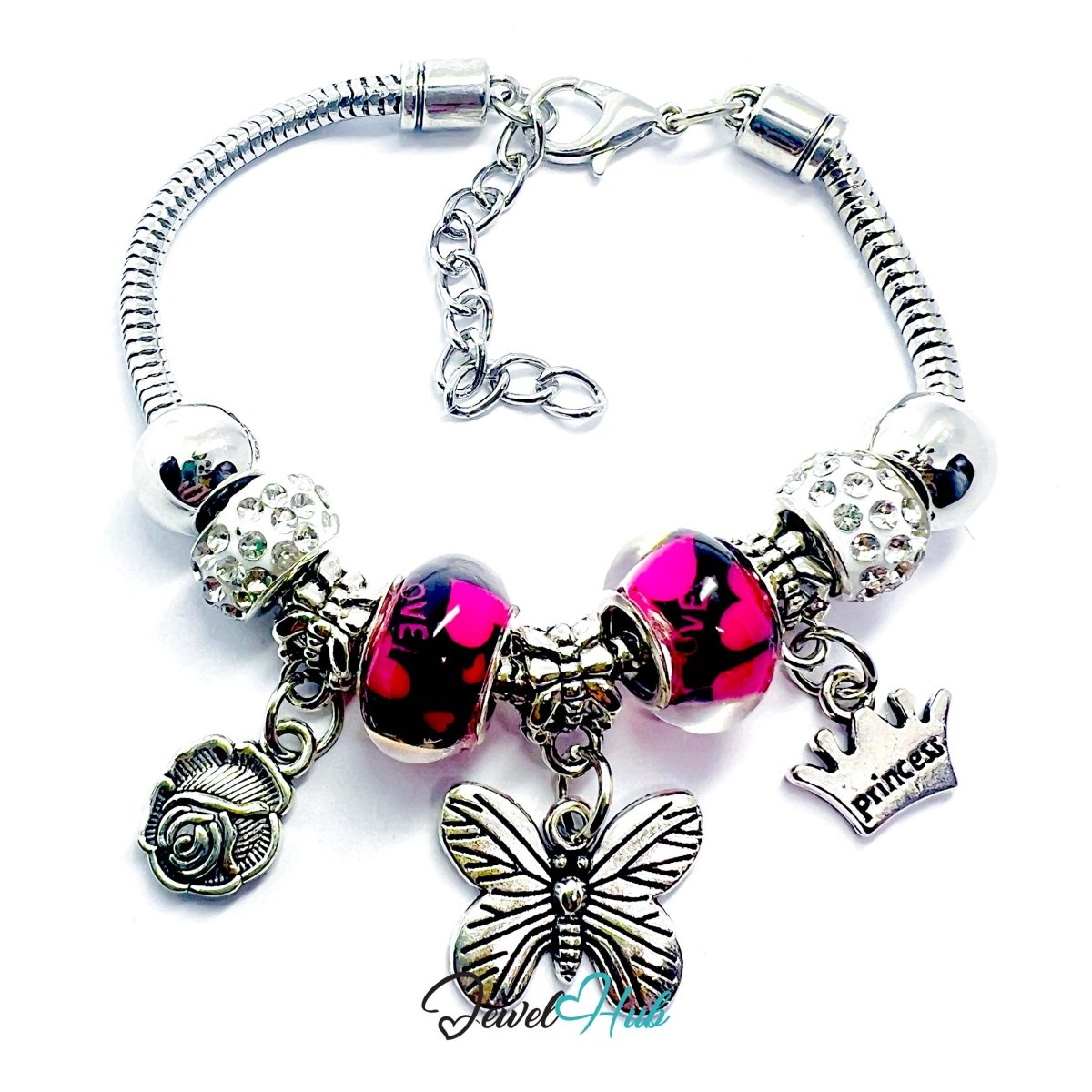 Zinc Alloy Pink Duo Bead Butterfly Rose Crown Charm Bracelet 18 - 22cm - JewelHub.co.uk