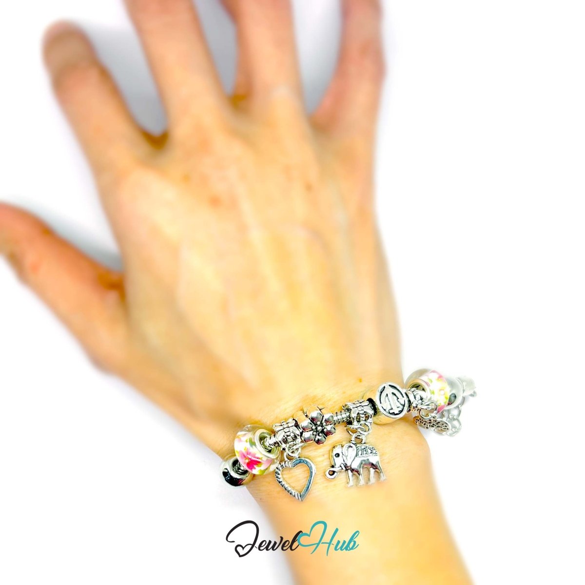 Zinc Alloy Pink Floral Bead Elephant Tree Heart Charm Bracelet 18–22cm - JewelHub.co.uk