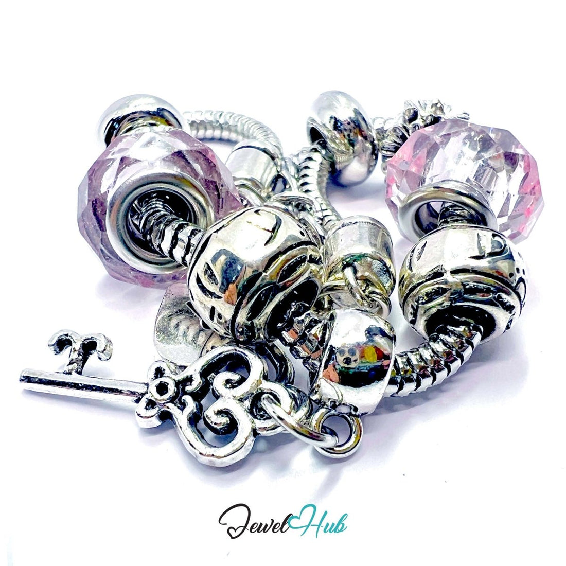 Zinc Alloy Pink Gem - Style Silver Charm Bracelet with Key & Lock 18–22cm - JewelHub.co.uk