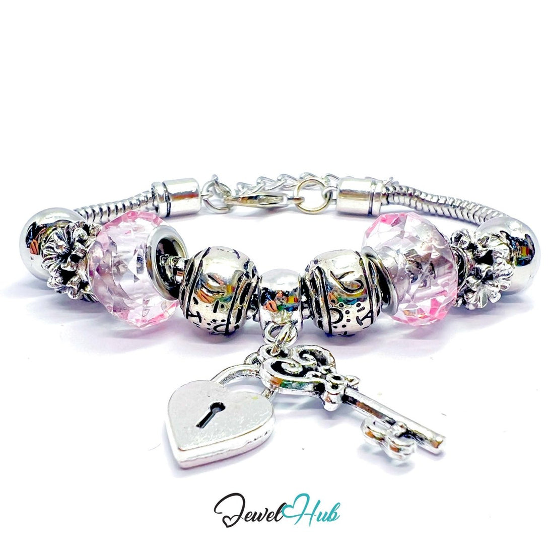 Zinc Alloy Pink Gem - Style Silver Charm Bracelet with Key & Lock 18–22cm - JewelHub.co.uk