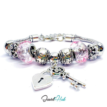 Zinc Alloy Pink Gem - Style Silver Charm Bracelet with Key & Lock 18–22cm - JewelHub.co.uk