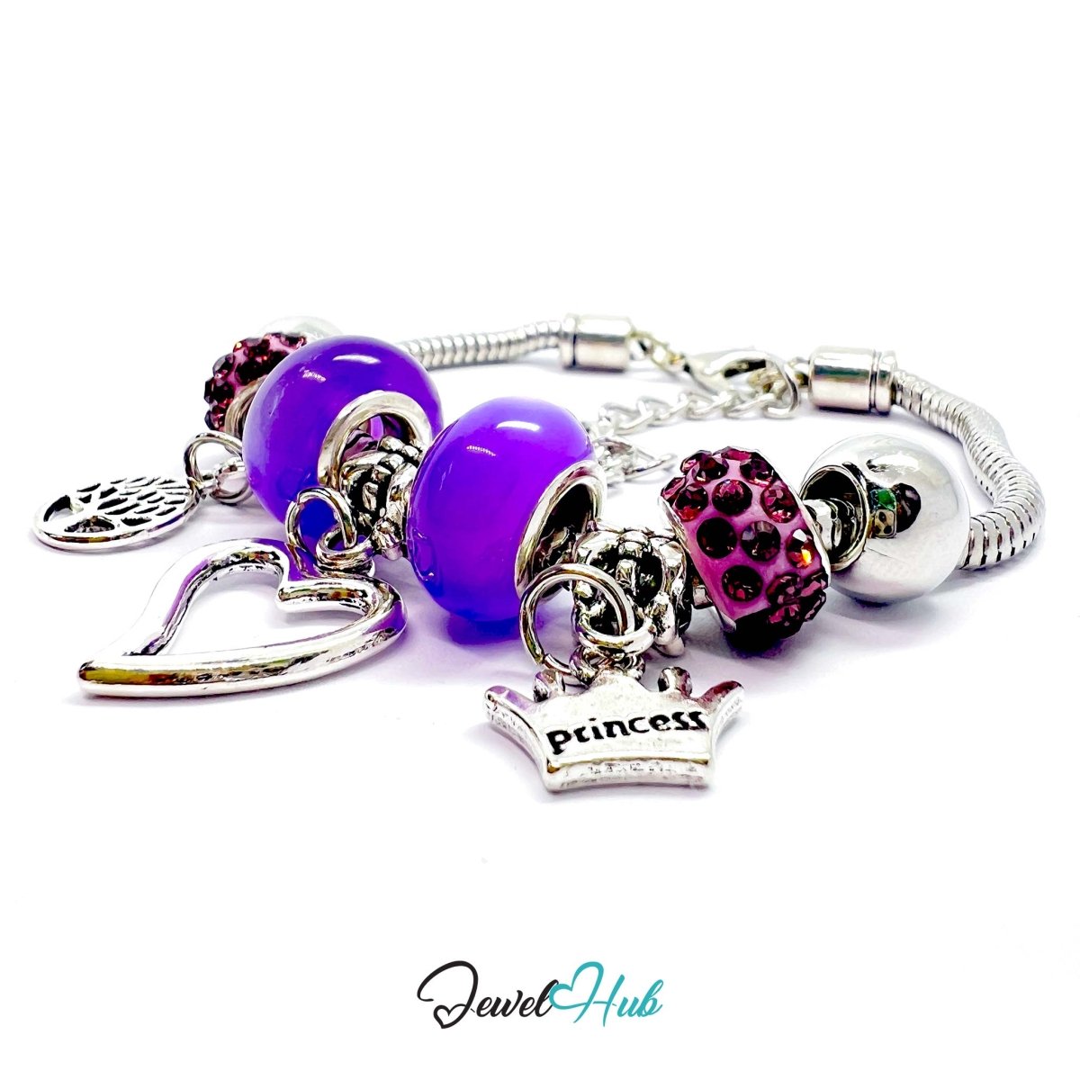 Zinc Alloy Purple Double Bead Heart Crown Charm Bracelet 18–22cm - JewelHub.co.uk