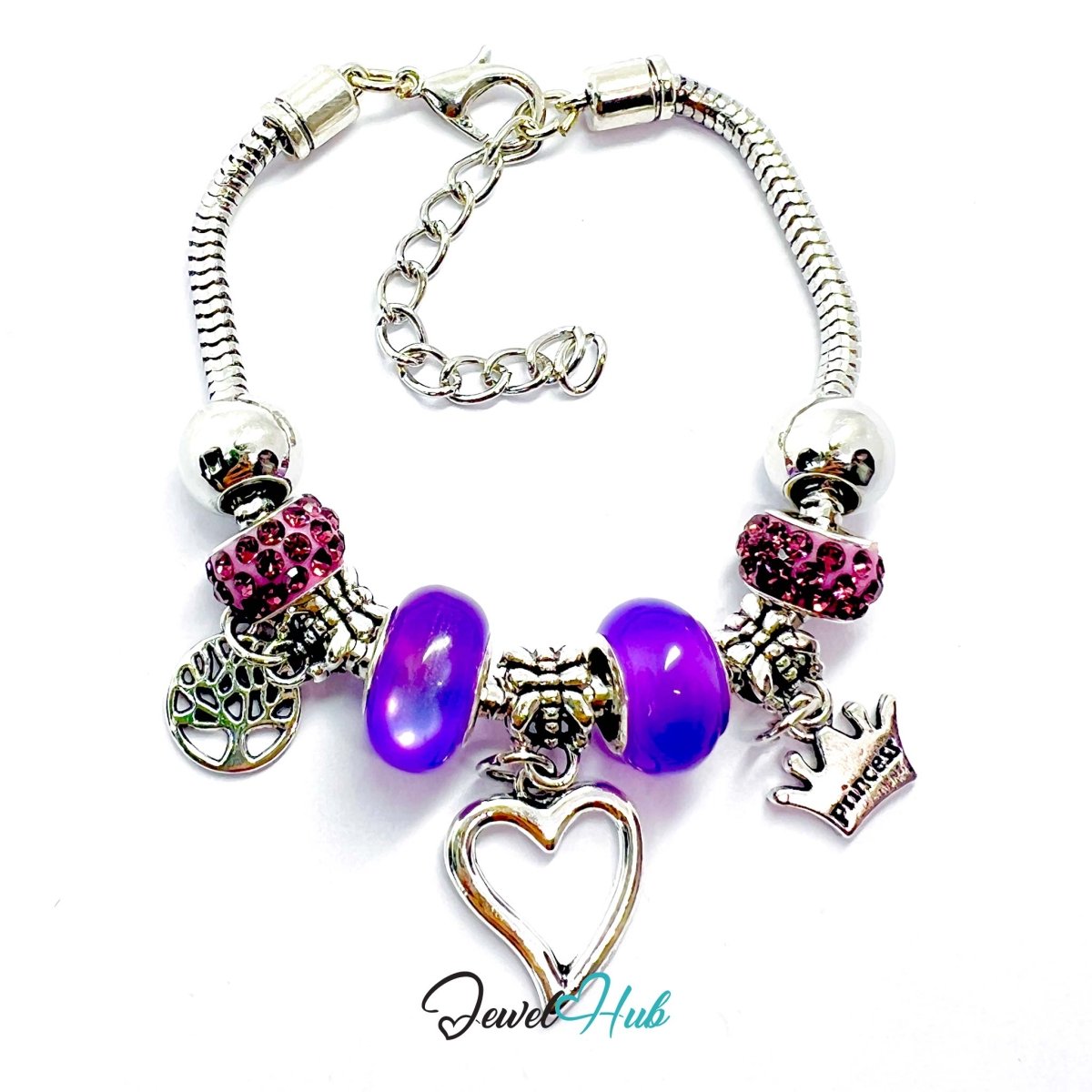Zinc Alloy Purple Double Bead Heart Crown Charm Bracelet 18–22cm - JewelHub.co.uk