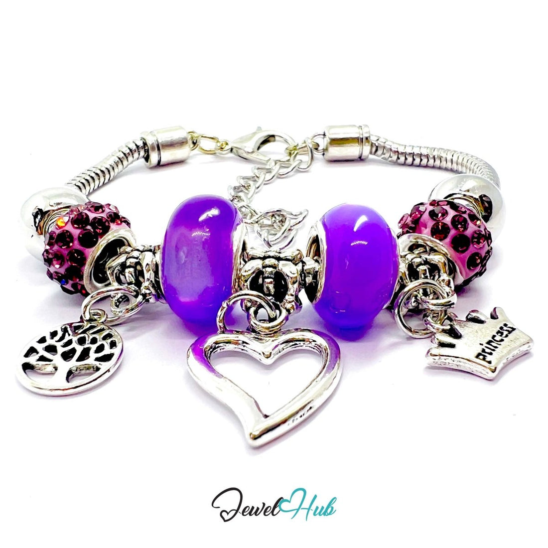 Zinc Alloy Purple Double Bead Heart Crown Charm Bracelet 18–22cm - JewelHub.co.uk