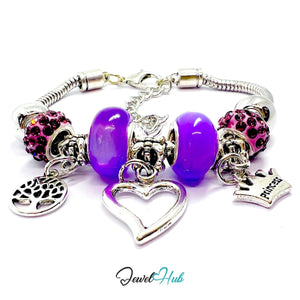 Zinc Alloy Purple Double Bead Heart Crown Charm Bracelet 18–22cm - JewelHub.co.uk