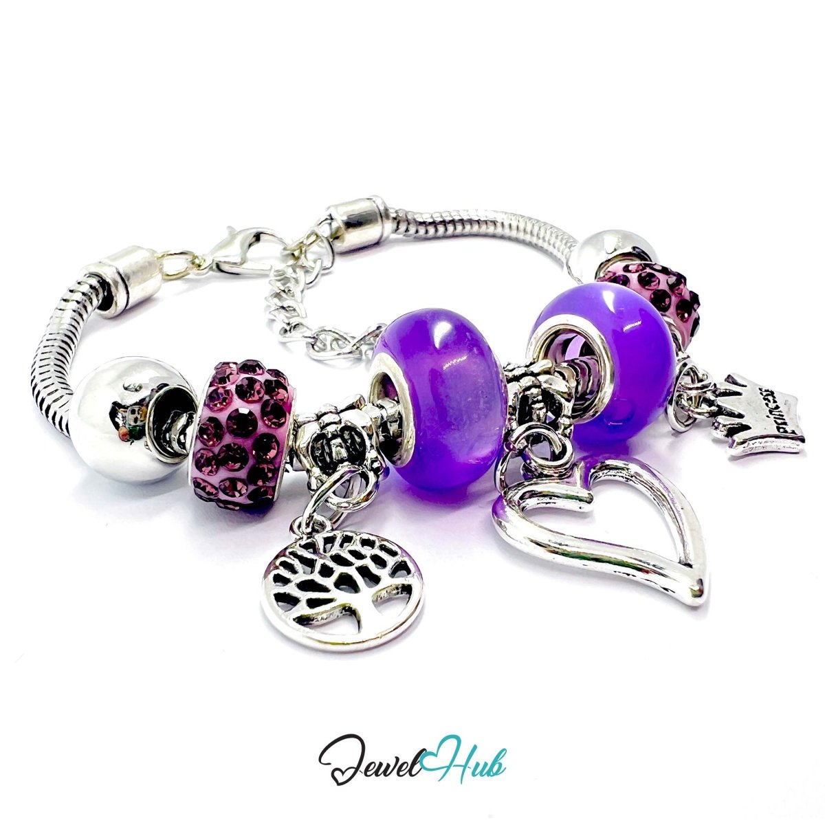 Zinc Alloy Purple Double Bead Heart Crown Charm Bracelet 18–22cm - JewelHub.co.uk