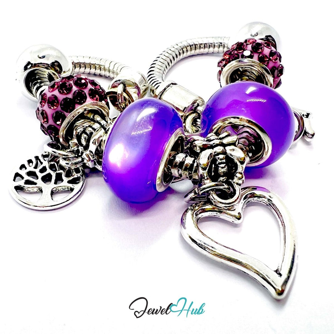 Zinc Alloy Purple Double Bead Heart Crown Charm Bracelet 18–22cm - JewelHub.co.uk