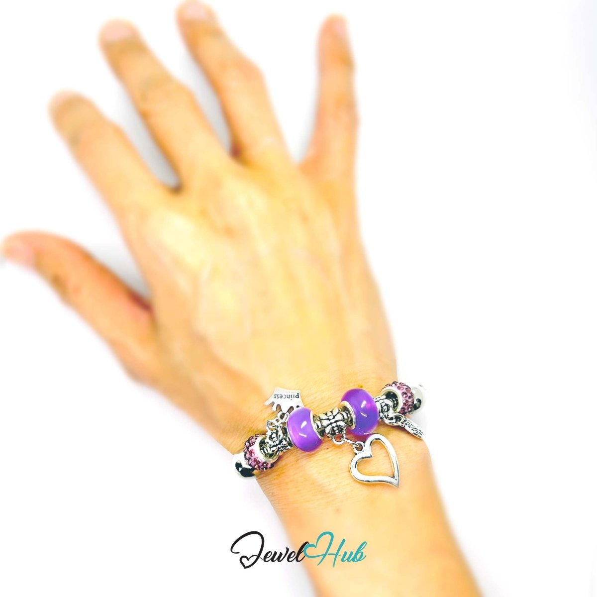 Zinc Alloy Purple Double Bead Heart Crown Charm Bracelet 18–22cm - JewelHub.co.uk