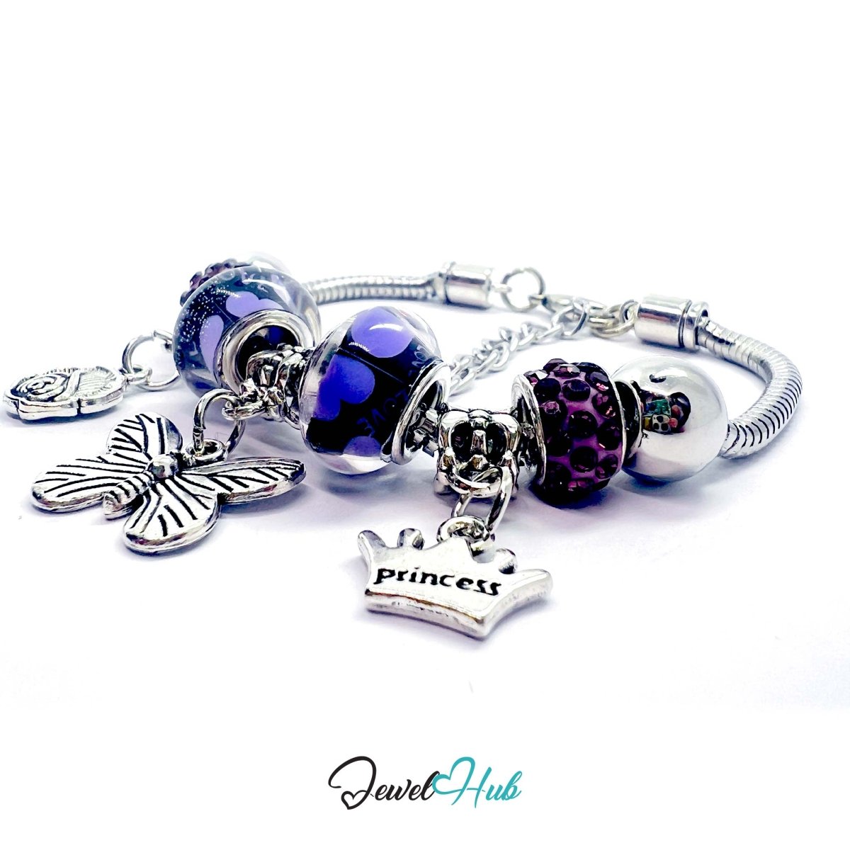 Zinc Alloy Purple Duo Bead Butterfly Rose Crown Charm Bracelet 18 - 22cm - JewelHub.co.uk