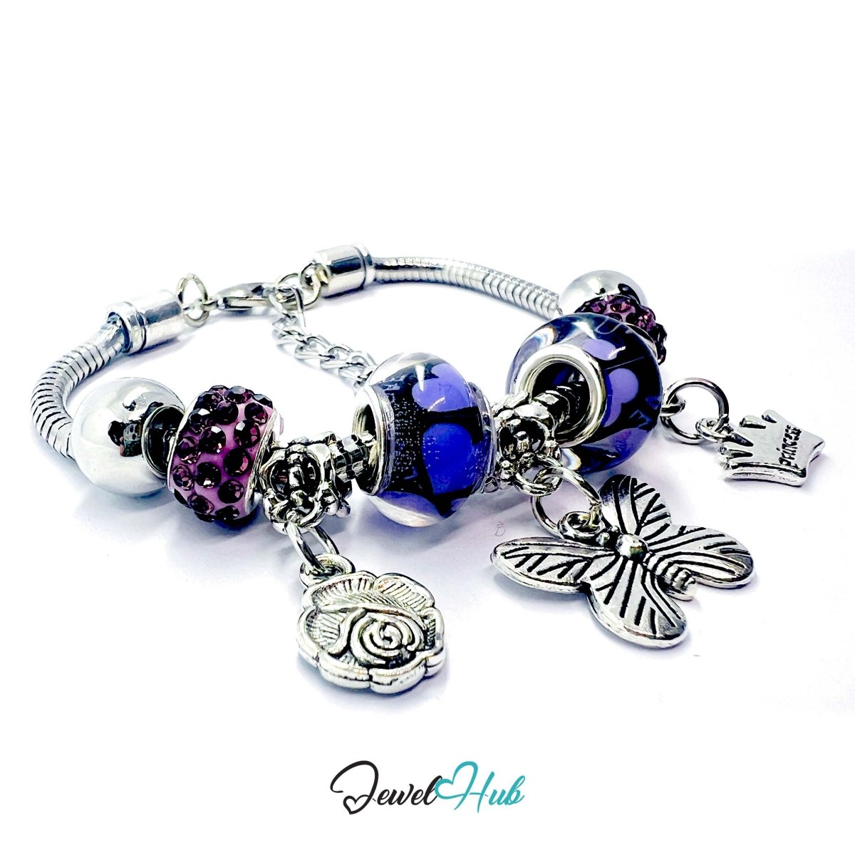 Zinc Alloy Purple Duo Bead Butterfly Rose Crown Charm Bracelet 18 - 22cm - JewelHub.co.uk