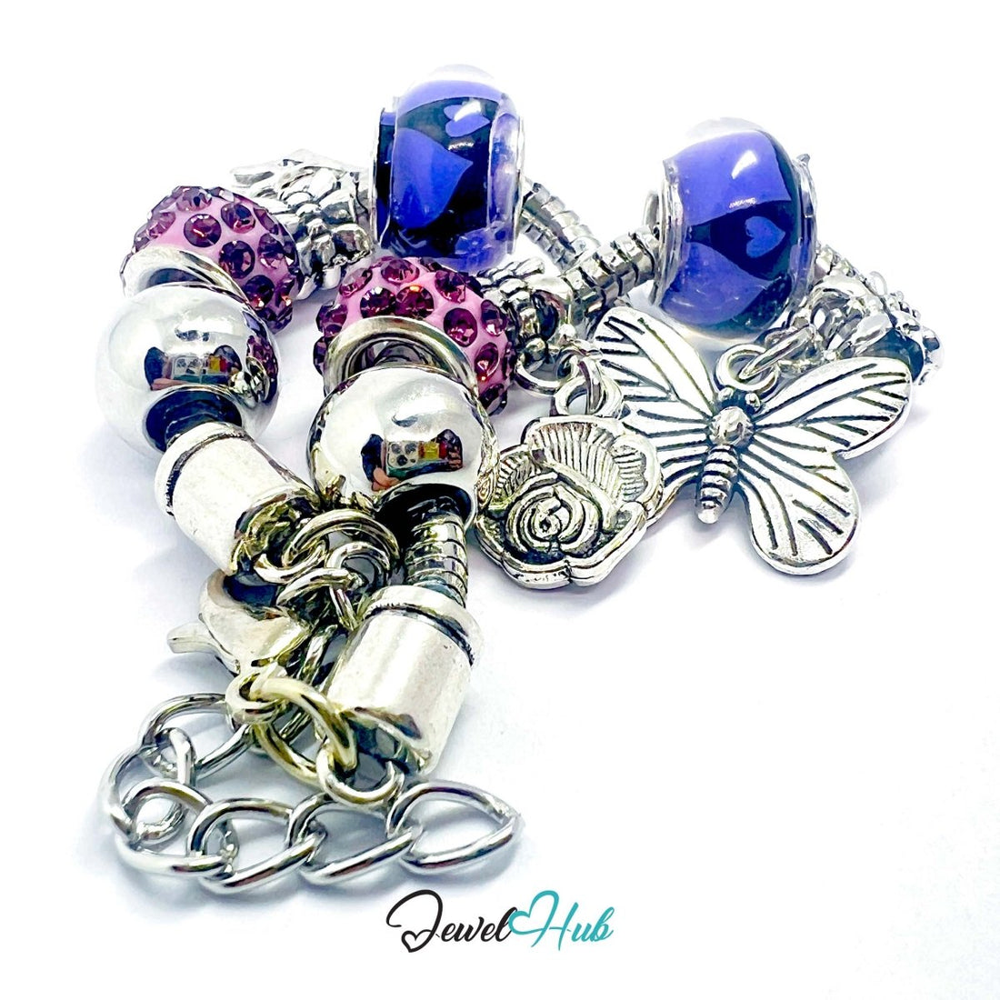 Zinc Alloy Purple Duo Bead Butterfly Rose Crown Charm Bracelet 18 - 22cm - JewelHub.co.uk