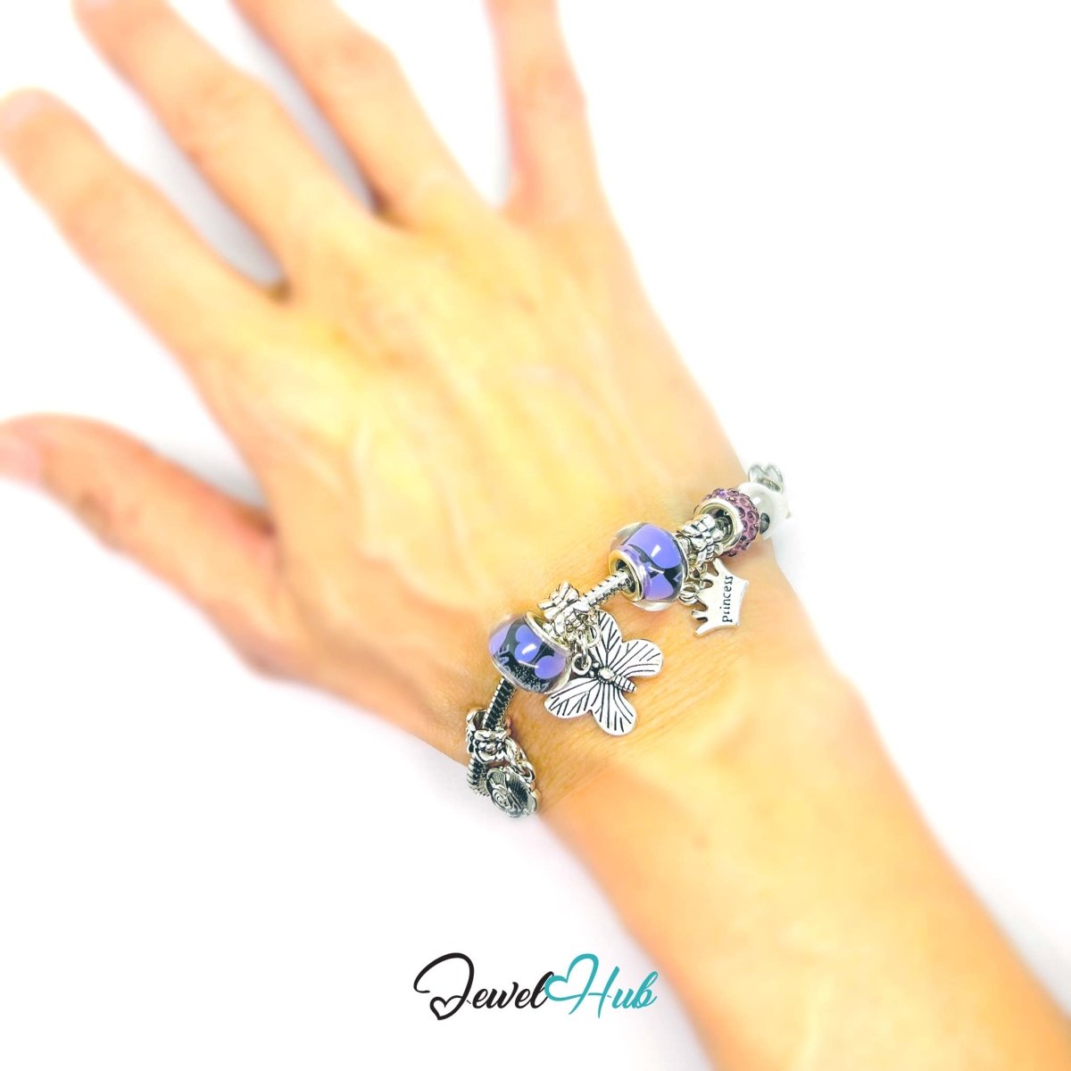 Zinc Alloy Purple Duo Bead Butterfly Rose Crown Charm Bracelet 18 - 22cm - JewelHub.co.uk