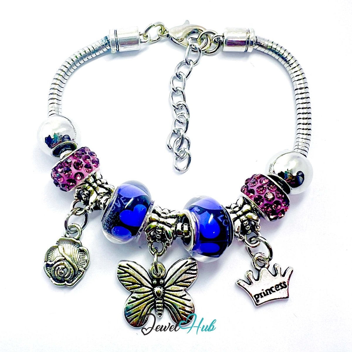 Zinc Alloy Purple Duo Bead Butterfly Rose Crown Charm Bracelet 18 - 22cm - JewelHub.co.uk