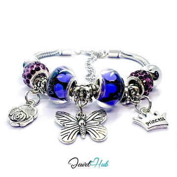 Zinc Alloy Purple Duo Bead Butterfly Rose Crown Charm Bracelet 18 - 22cm - JewelHub.co.uk