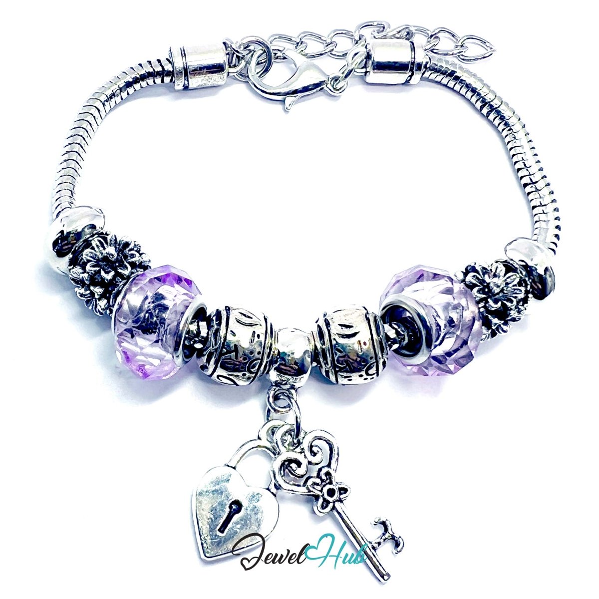 Zinc Alloy Purple Gem - Style Silver Charm Bracelet with Key & Lock 18–22cm - JewelHub.co.uk