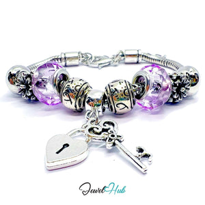 Zinc Alloy Purple Gem - Style Silver Charm Bracelet with Key & Lock 18–22cm - JewelHub.co.uk