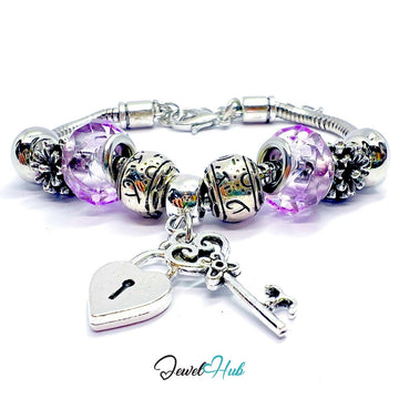 Zinc Alloy Purple Gem - Style Silver Charm Bracelet with Key & Lock 18–22cm - JewelHub.co.uk