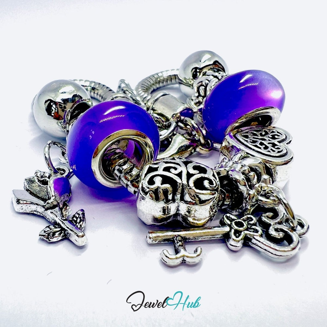 Zinc Alloy Purple Rounded Bead Silver Bracelet with Heart & Key 18–22cm - JewelHub.co.uk