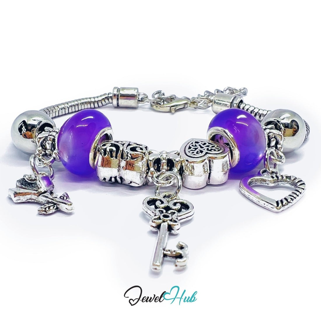 Zinc Alloy Purple Rounded Bead Silver Bracelet with Heart & Key 18–22cm - JewelHub.co.uk