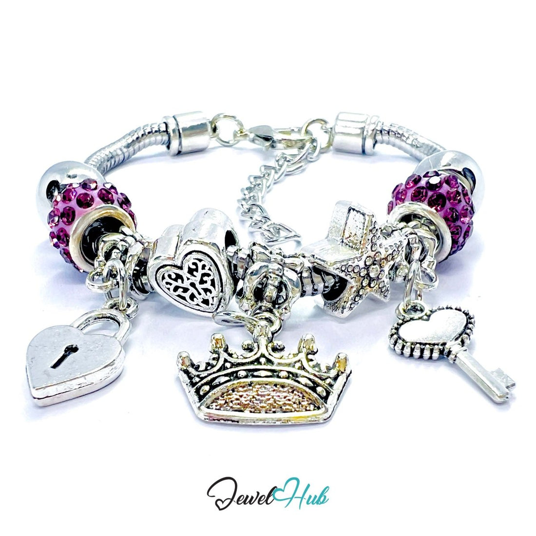 Zinc Alloy Purple Sparkle Crystal Crown Key Lock Charm Bracelet 18 - 22cm - JewelHub.co.uk