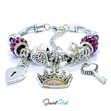 Zinc Alloy Purple Sparkle Crystal Crown Key Lock Charm Bracelet 18 - 22cm - JewelHub.co.uk