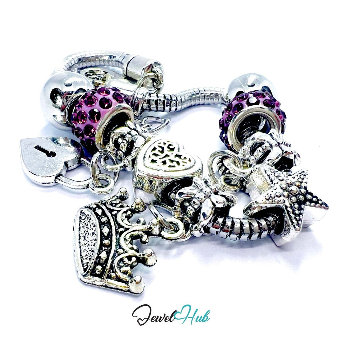 Zinc Alloy Purple Sparkle Crystal Crown Key Lock Charm Bracelet 18 - 22cm - JewelHub.co.uk