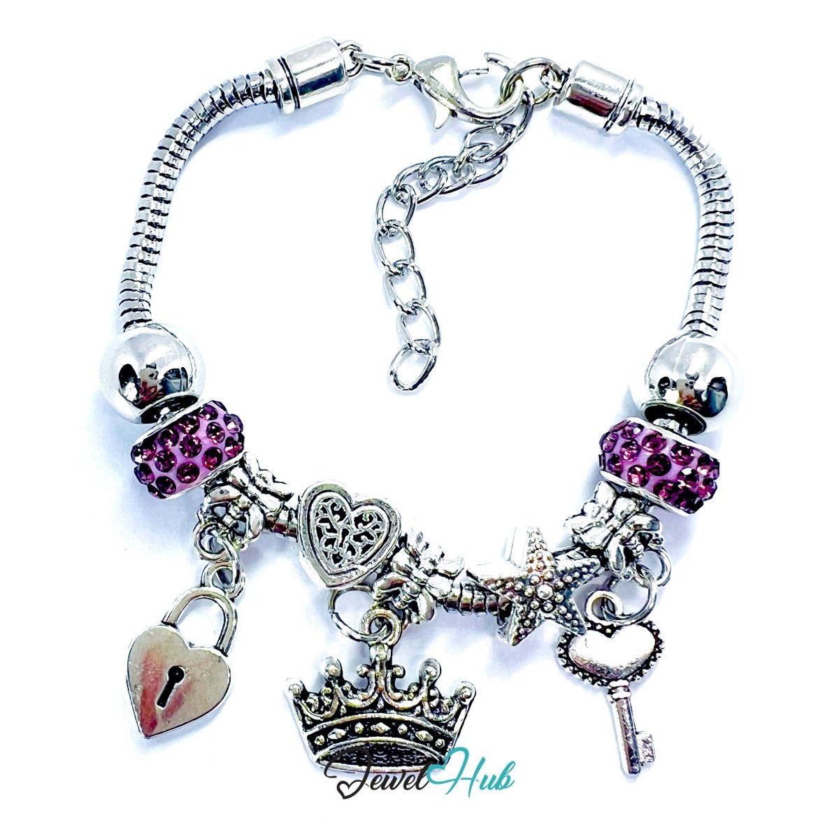 Zinc Alloy Purple Sparkle Crystal Crown Key Lock Charm Bracelet 18 - 22cm - JewelHub.co.uk