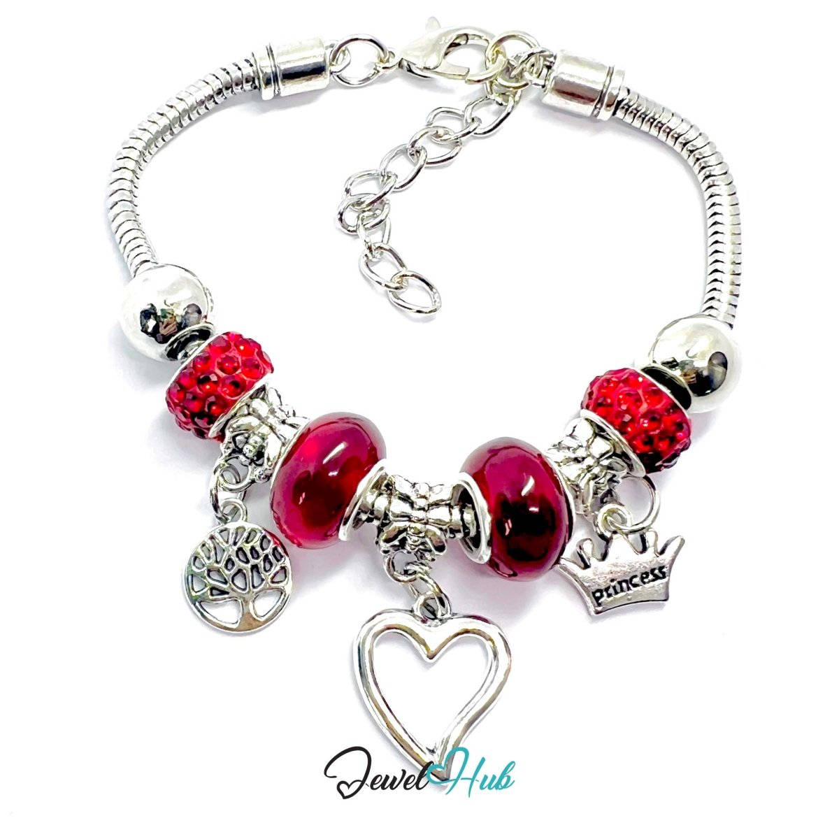 Zinc Alloy Red Double Bead Heart Crown Charm Bracelet 18–22cm - JewelHub.co.uk