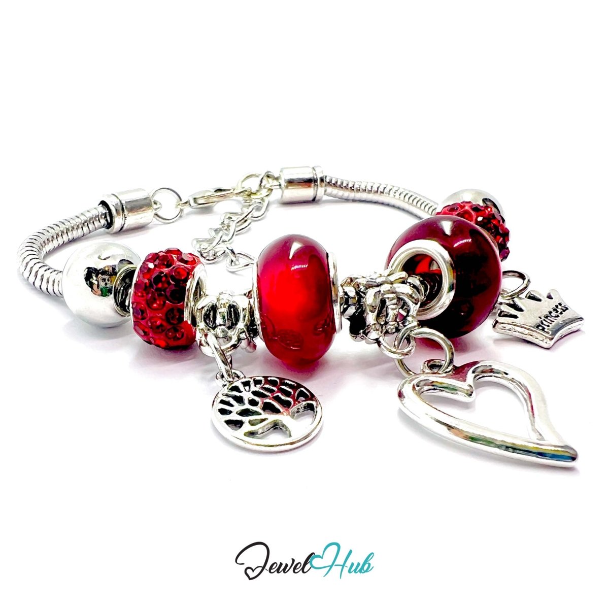 Zinc Alloy Red Double Bead Heart Crown Charm Bracelet 18–22cm - JewelHub.co.uk