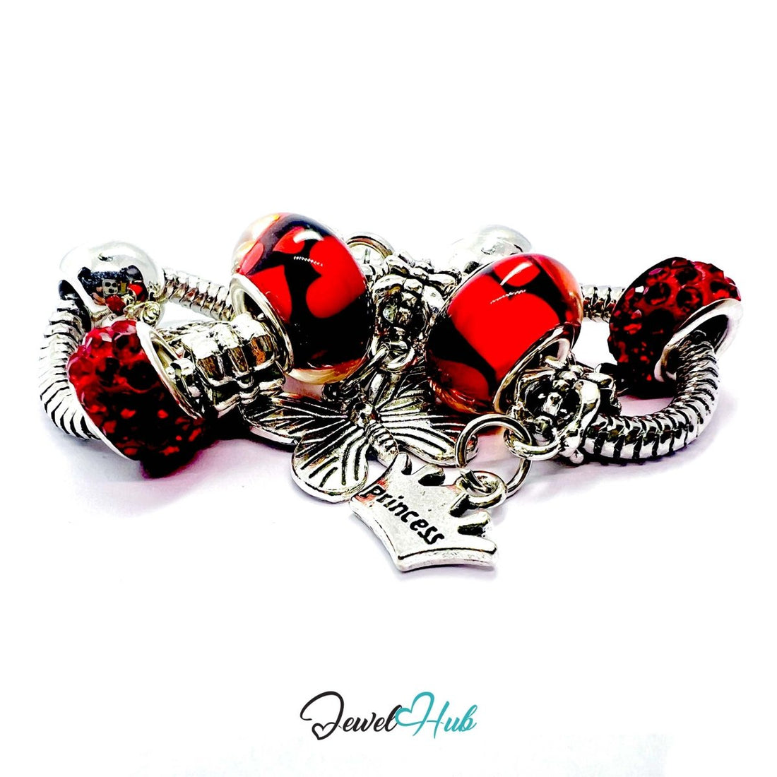 Zinc Alloy Red Duo Bead Butterfly Rose Crown Charm Bracelet 18 - 22cm - JewelHub.co.uk