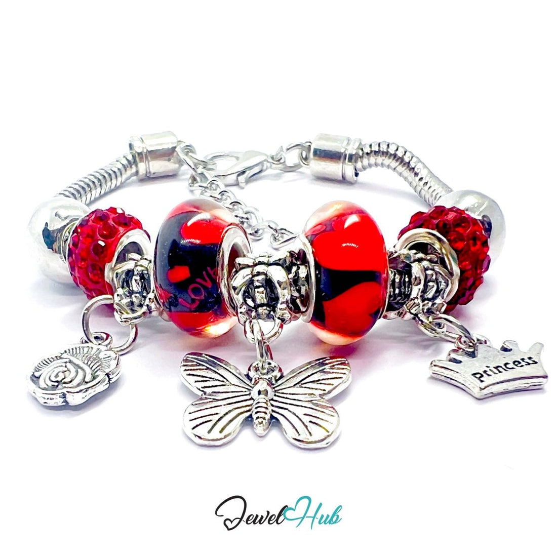 Zinc Alloy Red Duo Bead Butterfly Rose Crown Charm Bracelet 18 - 22cm - JewelHub.co.uk