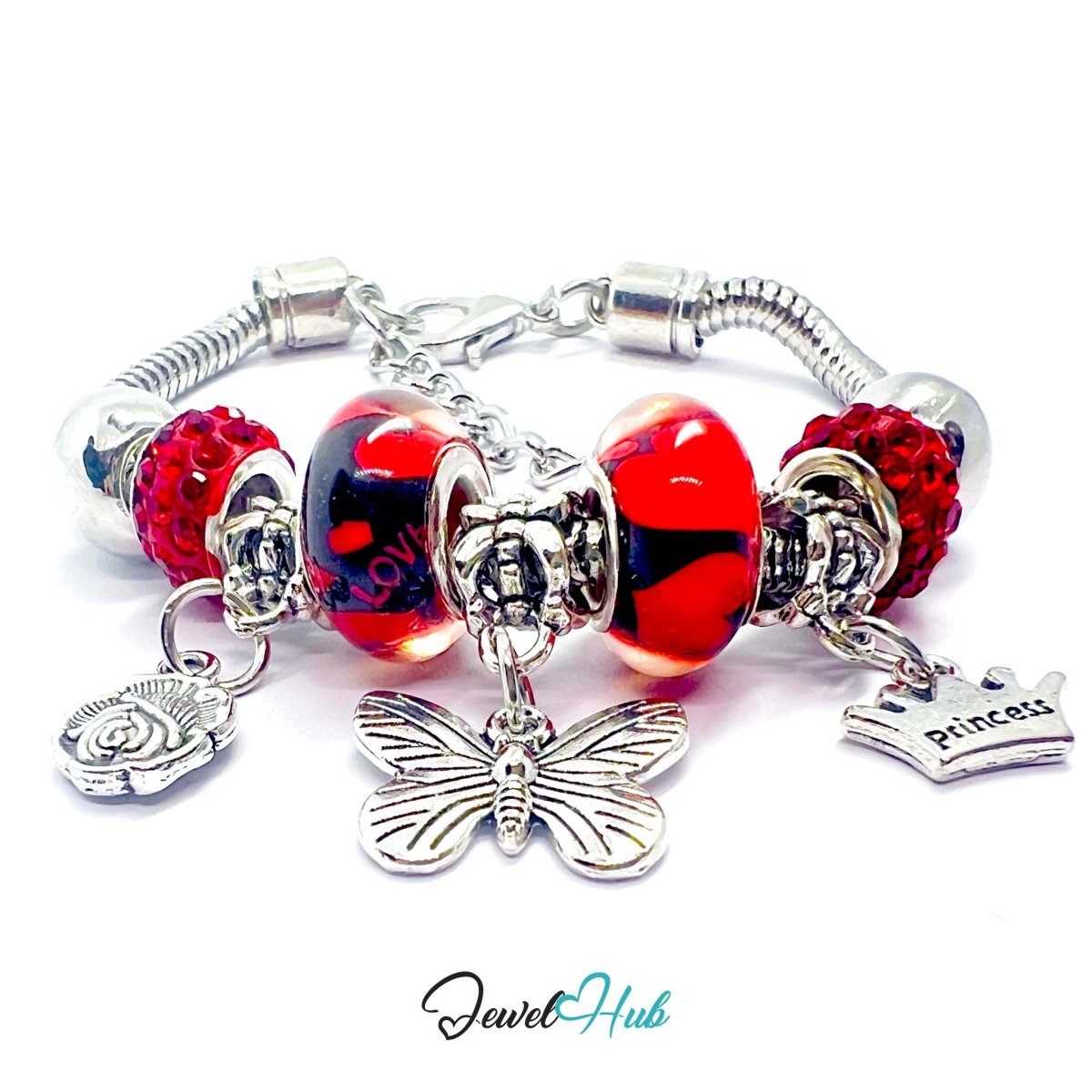 Zinc Alloy Red Duo Bead Butterfly Rose Crown Charm Bracelet 18 - 22cm - JewelHub.co.uk