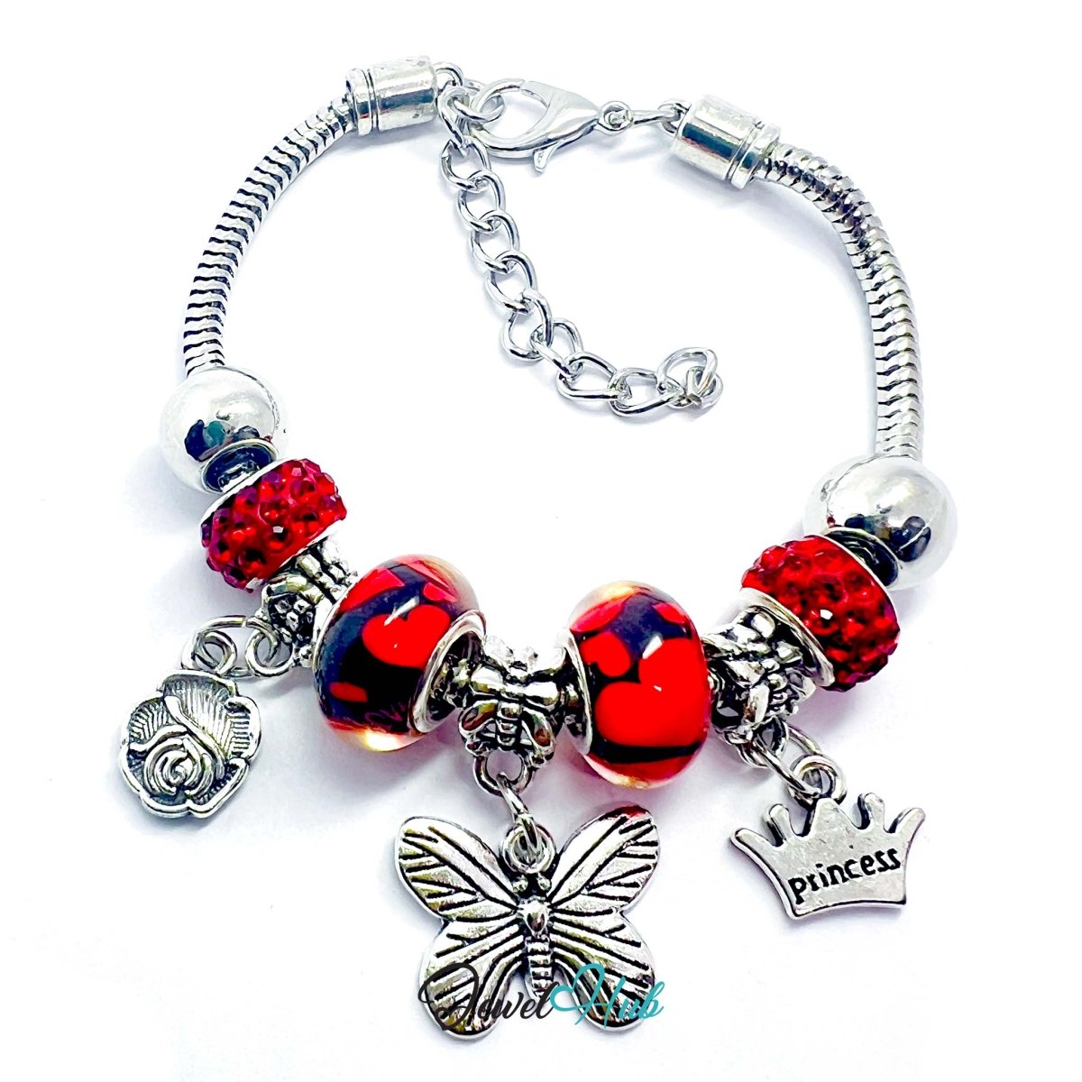 Zinc Alloy Red Duo Bead Butterfly Rose Crown Charm Bracelet 18 - 22cm - JewelHub.co.uk