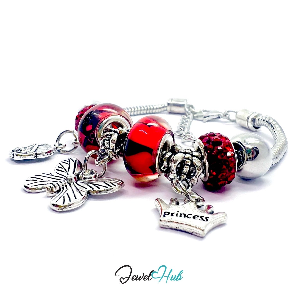 Zinc Alloy Red Duo Bead Butterfly Rose Crown Charm Bracelet 18 - 22cm - JewelHub.co.uk