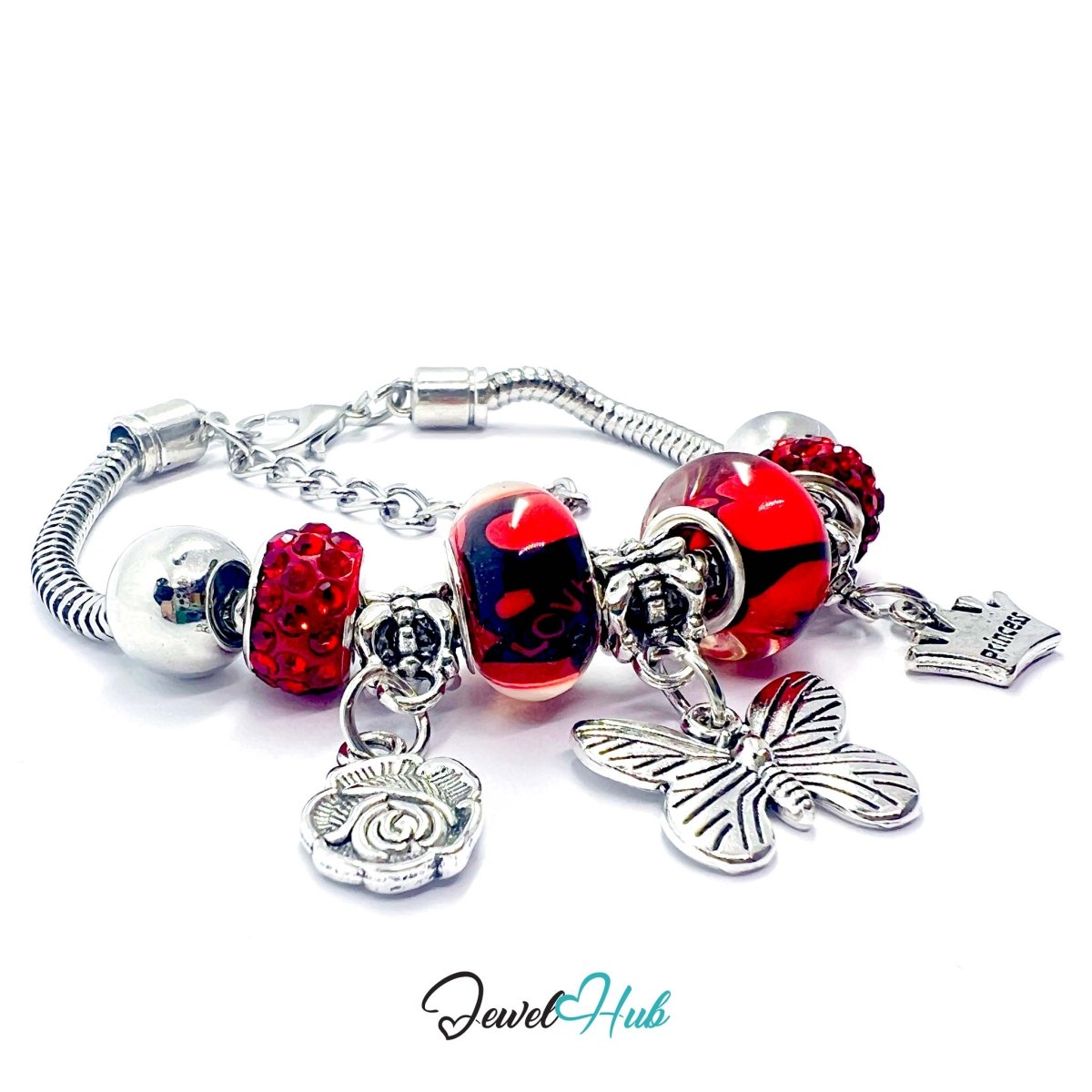 Zinc Alloy Red Duo Bead Butterfly Rose Crown Charm Bracelet 18 - 22cm - JewelHub.co.uk