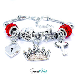 Zinc Alloy Red Sparkle Crystal Crown Key Lock Charm Bracelet 18 - 22cm - JewelHub.co.uk